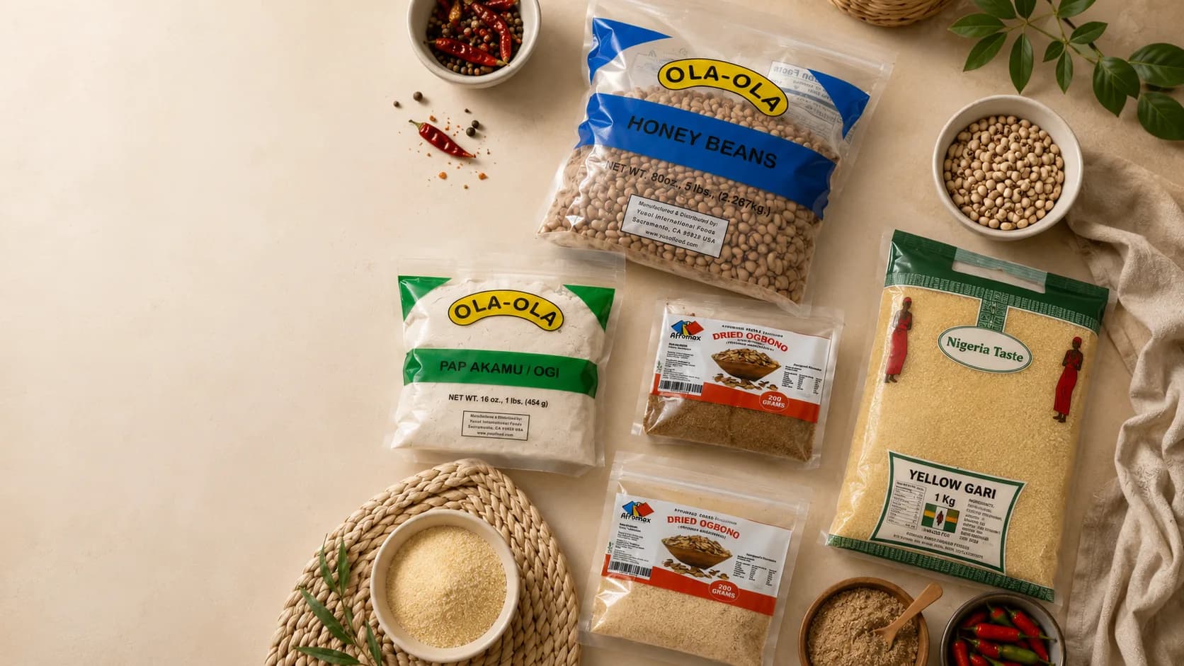 Flat-lay of Afrimart Foods branded pantry staples